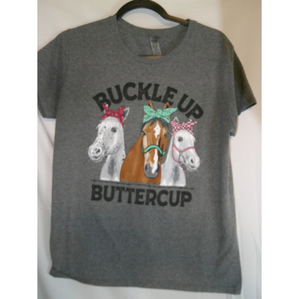 Buckle Up Buttercup Horse Graphic T Shirt Women's Large Gray Gildan Tee‎